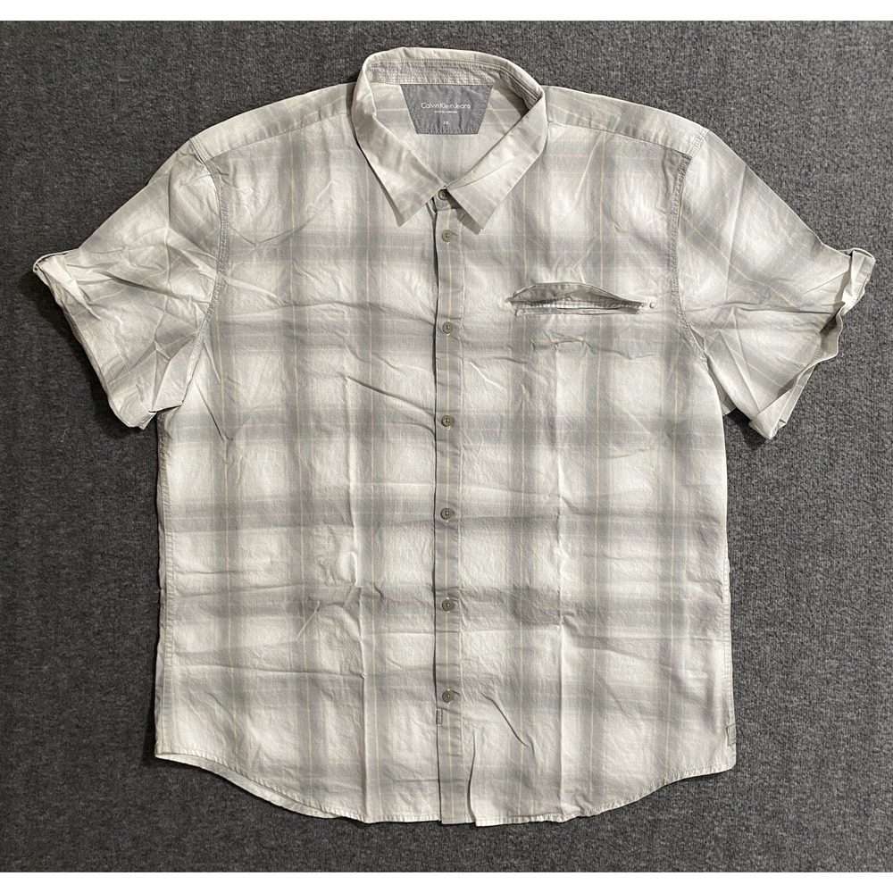 Calvin Klein Shirt Mens  White Gray Plaid Short Sleeve Button Up Size XXL
